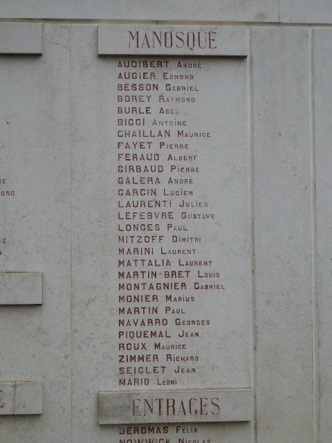 Mémorial, Ausschnitt: 28 Opfer aus Manosque