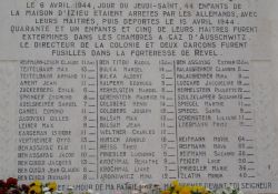 Tafel mit Namen und Alter der ermordeten Kinder und Betreuer am Haus; Quelle: ac grenoble.fr